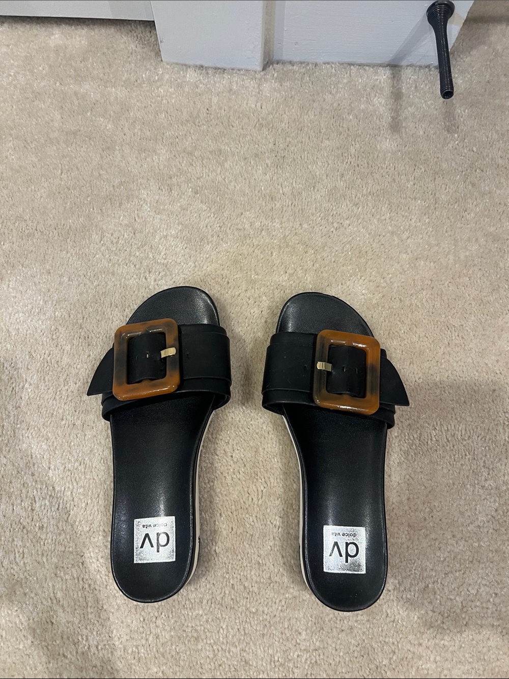 DV by Dolce Vita Black Slide Sandals with Tortoise Buckle Accent